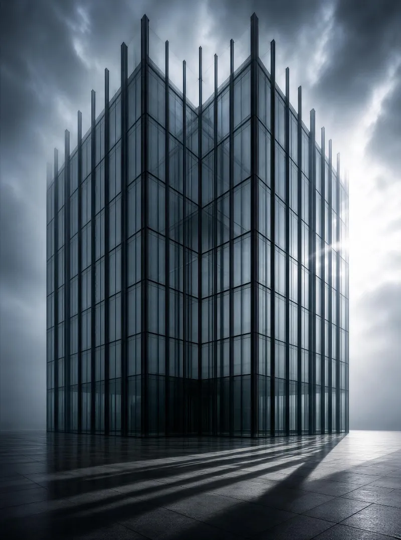 A tall modern glass building stands under a dark stormy sky with sunlight creating bright rays across the scene