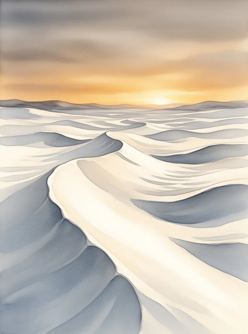 Winding sand dunes with cool blue shadows lead the eye to a bright sun rising over the distant horizon.