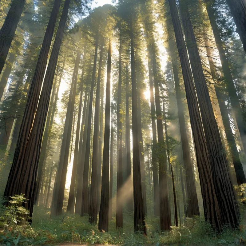 Tall straight trunks rise out of frame as shafts of light cut through mist above a ferny forest floor.