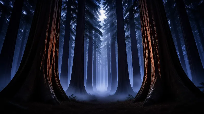 Sunlight filters between colossal tree trunks wrapped in blue fog deep inside an old forest.