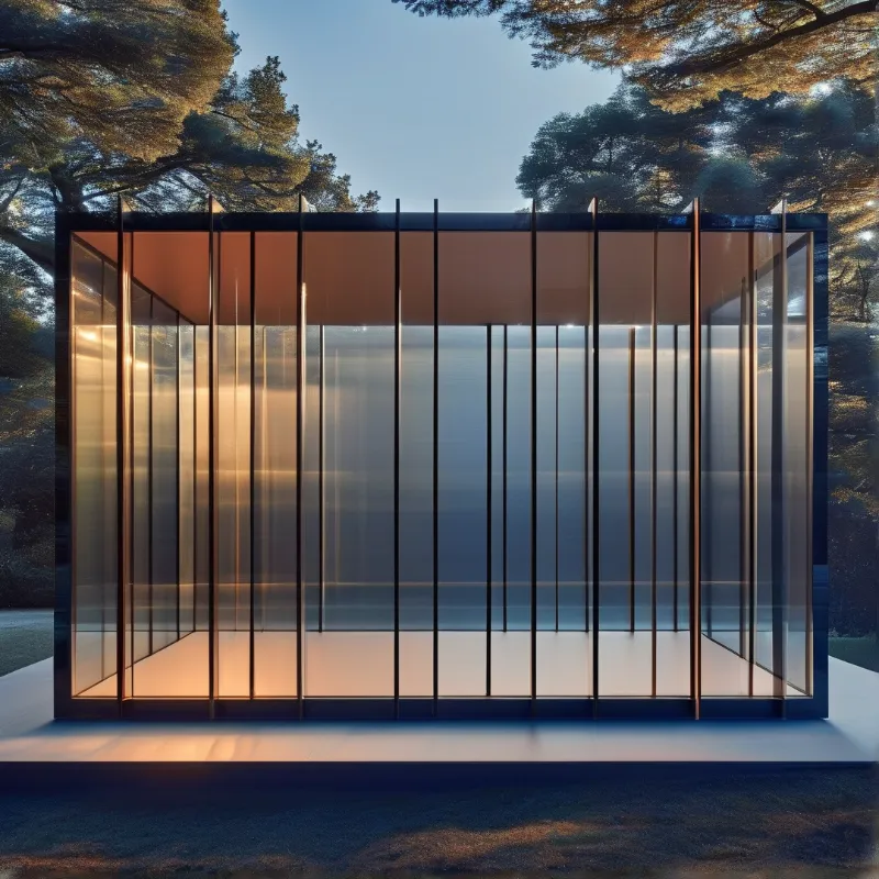 A rectangular glass pavilion wrapped in slender fins glows warmly under trees beside water at twilight.