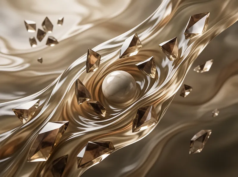 White marble sphere centered in golden flowing liquid with scattered amber crystals catching light