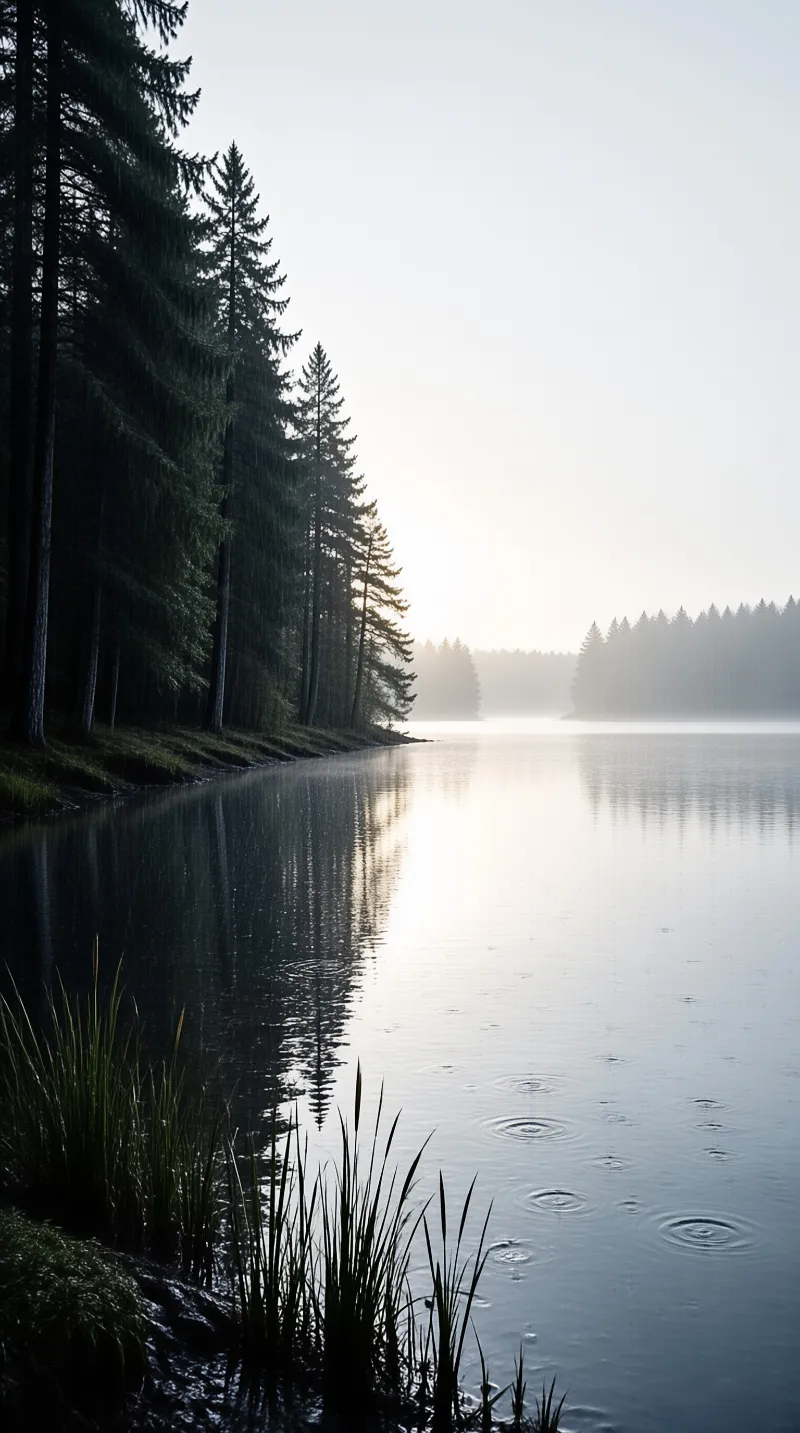 Tall evergreen trees line the shore of a calm lake where raindrops create ripples on the water under a foggy sky.