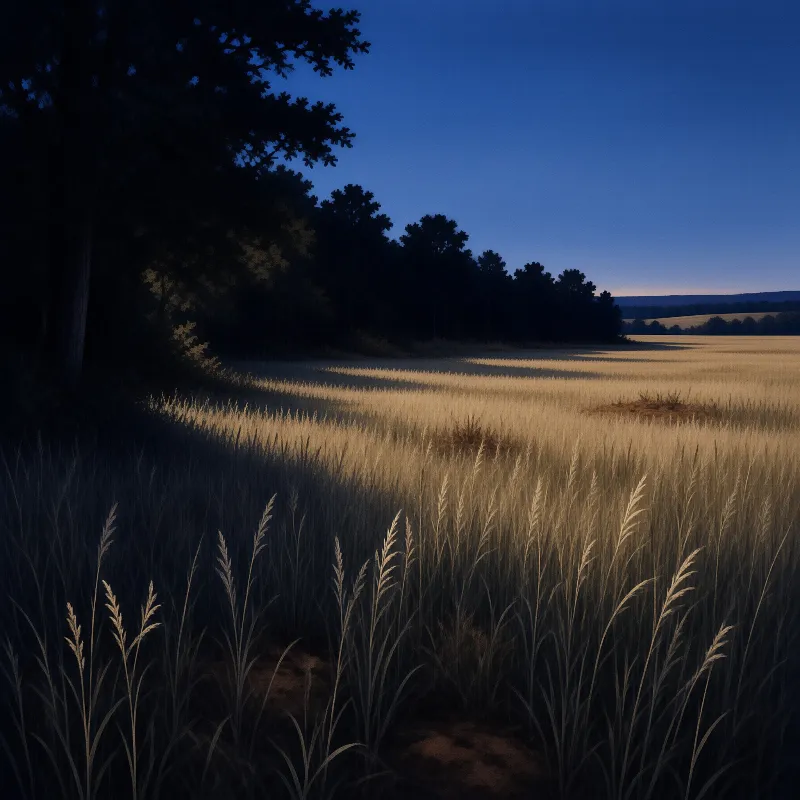 Tall grass in a field catches warm low light while dark trees cast long shadows across the landscape during twilight.