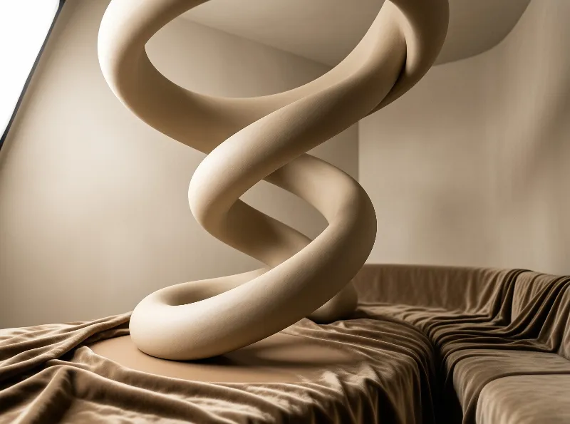 A beige twisted spiral sculpture rests over a brown velvet sofa in a softly lit minimalist neutral interior.