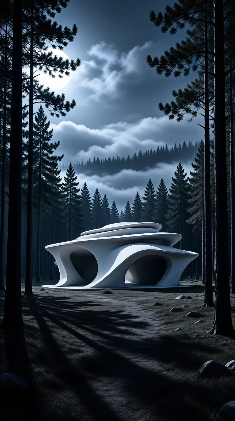 A sculptural white building with stacked curved tiers sits in a pine clearing, lit by moonlight and drifting low cloud.