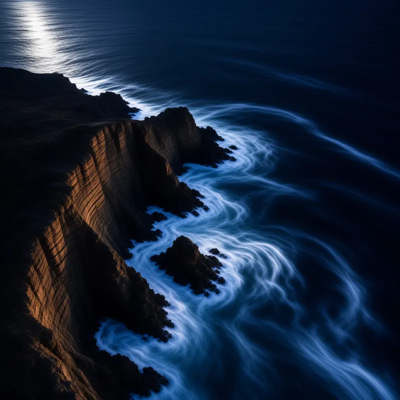 Moonlight drifts over dark ocean water while luminous foam curls along the base of a rugged headland.