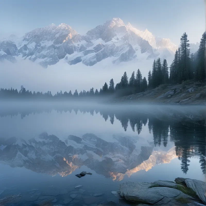 Sunlit Peaks and Misty Lake