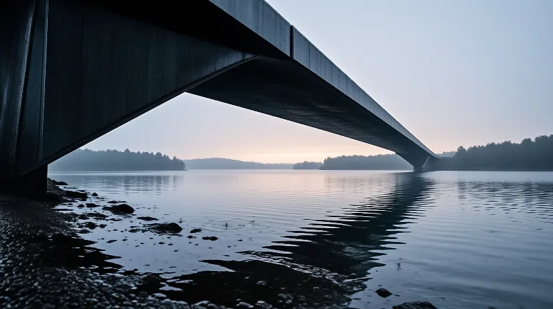 A massive concrete bridge structure looms over calm water with ripples near a rocky shoreline at dawn.