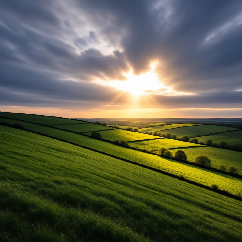 Rolling green hills split by hedgerows catch bright golden sunlight pouring through heavy overcast clouds at dusk.