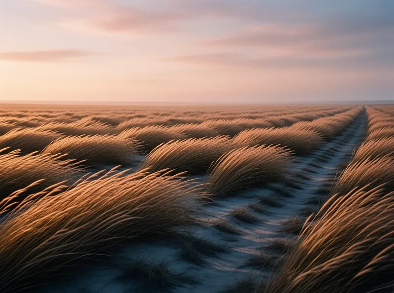 Sideways blown dry grasses line pale sand dunes reaching the horizon under soft warm pink sunset skies.