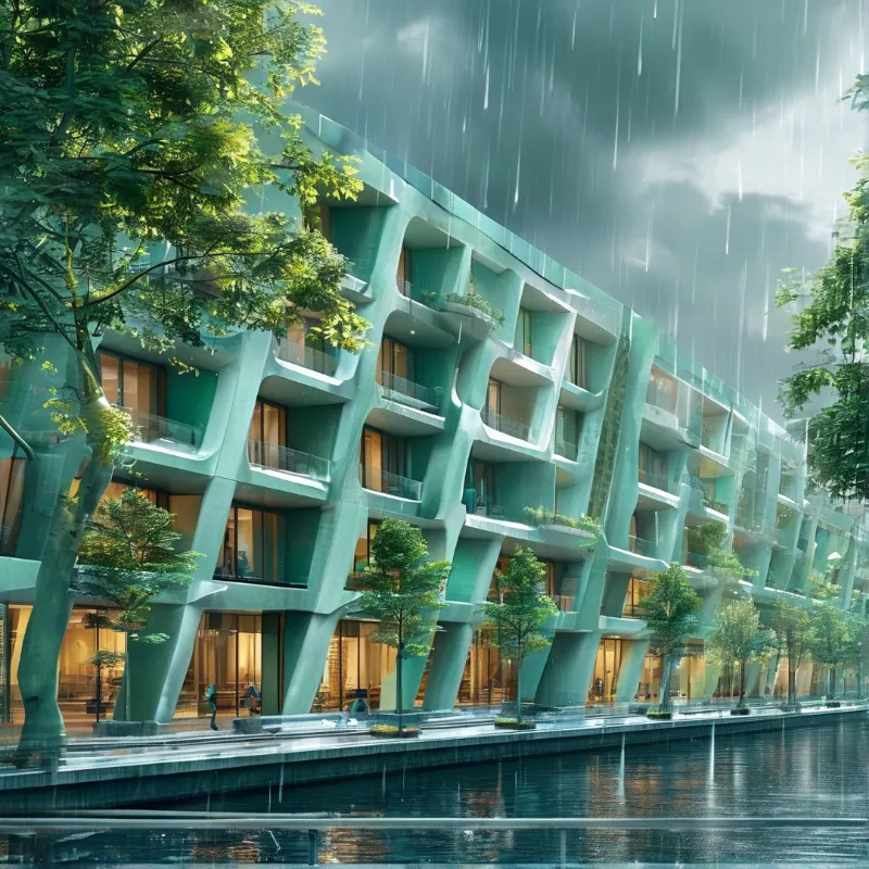 A modern structure with undulating green balconies stands beside a canal during a rainy downpour with reflections