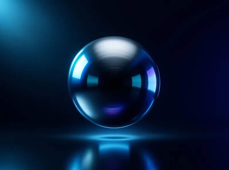 A brushed metal orb hovers over a luminous ring, its surface catching cold reflections in a dark void.