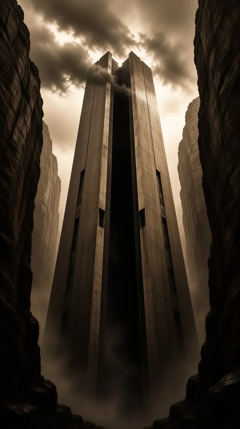 A tall concrete building with a deep split in the middle stands between rocky cliffs under a cloudy sky.