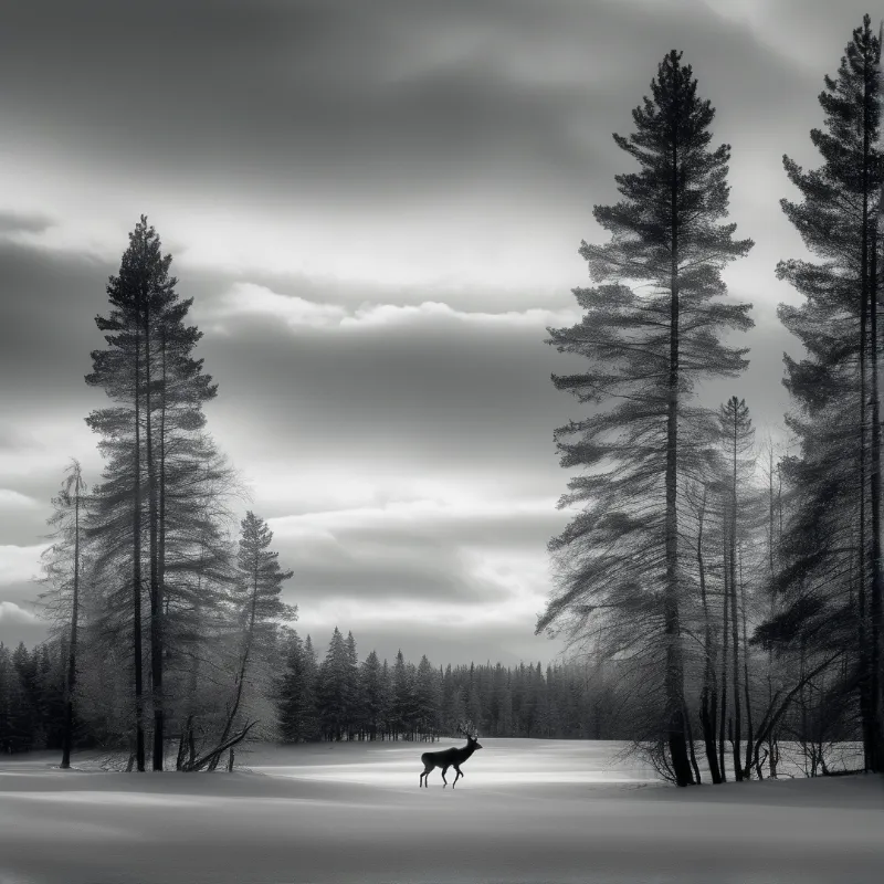 A solitary stag with antlers stands on white snow framed by tall evergreen trees beneath a heavy overcast sky.
