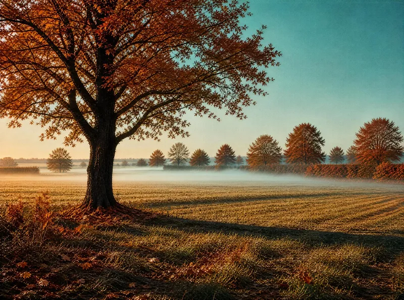 A large oak tree with vibrant autumn leaves stands in a sunlit golden field under a misty morning sky with distant trees.