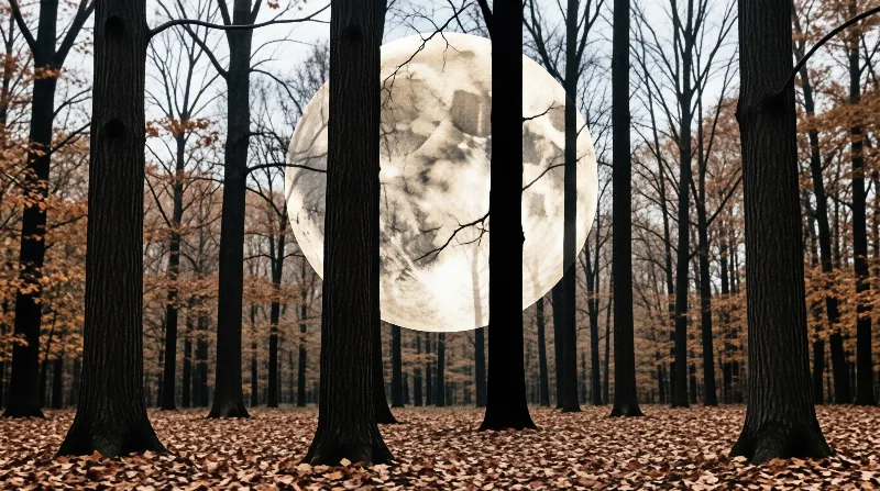 A massive full moon appears behind a row of dark tree trunks in an autumn forest covered with fallen leaves.