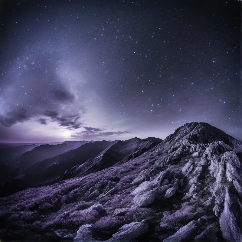 A rugged mountain range stretches across the foreground with sharp rocky textures under a vast purple sky filled with countless stars and a hint of twilight glowing on the distant horizon.
