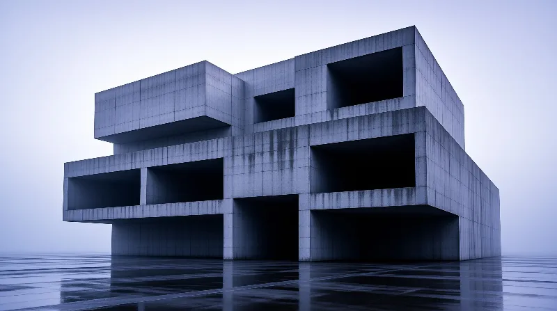 Massive concrete structure with deep rectangular openings stands on a reflective surface under a hazy pale blue sky