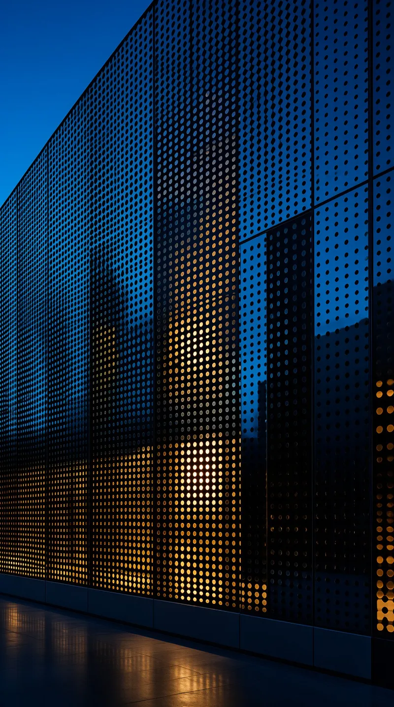 Warm light filters through a perforated steel screen against a dark blue twilight sky.