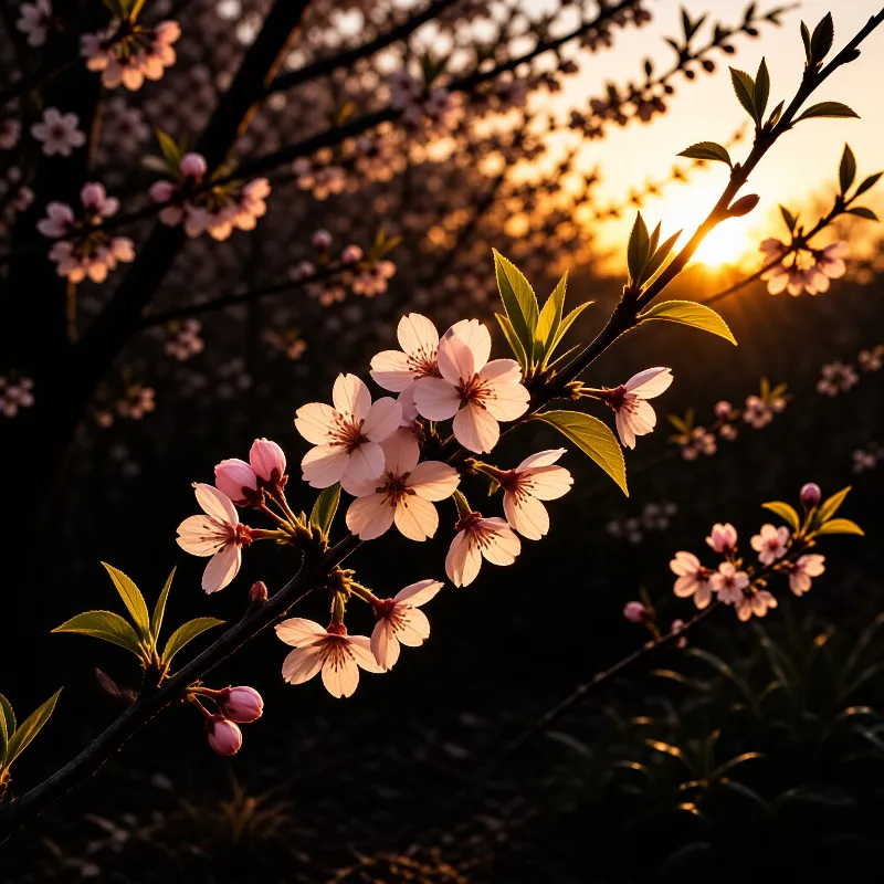 Pink cherry blossom flowers and fresh green leaves glow in warm sunset light against a dark blurred branch background.