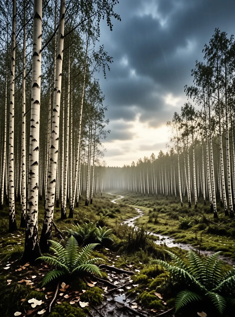 A winding stream flows through a dense forest of white birch trees under a moody, overcast sky with breaking light.