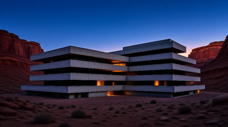 A flat-roofed modernist building of stacked white bands stands among red sandstone walls with amber windows glowing at dusk.
