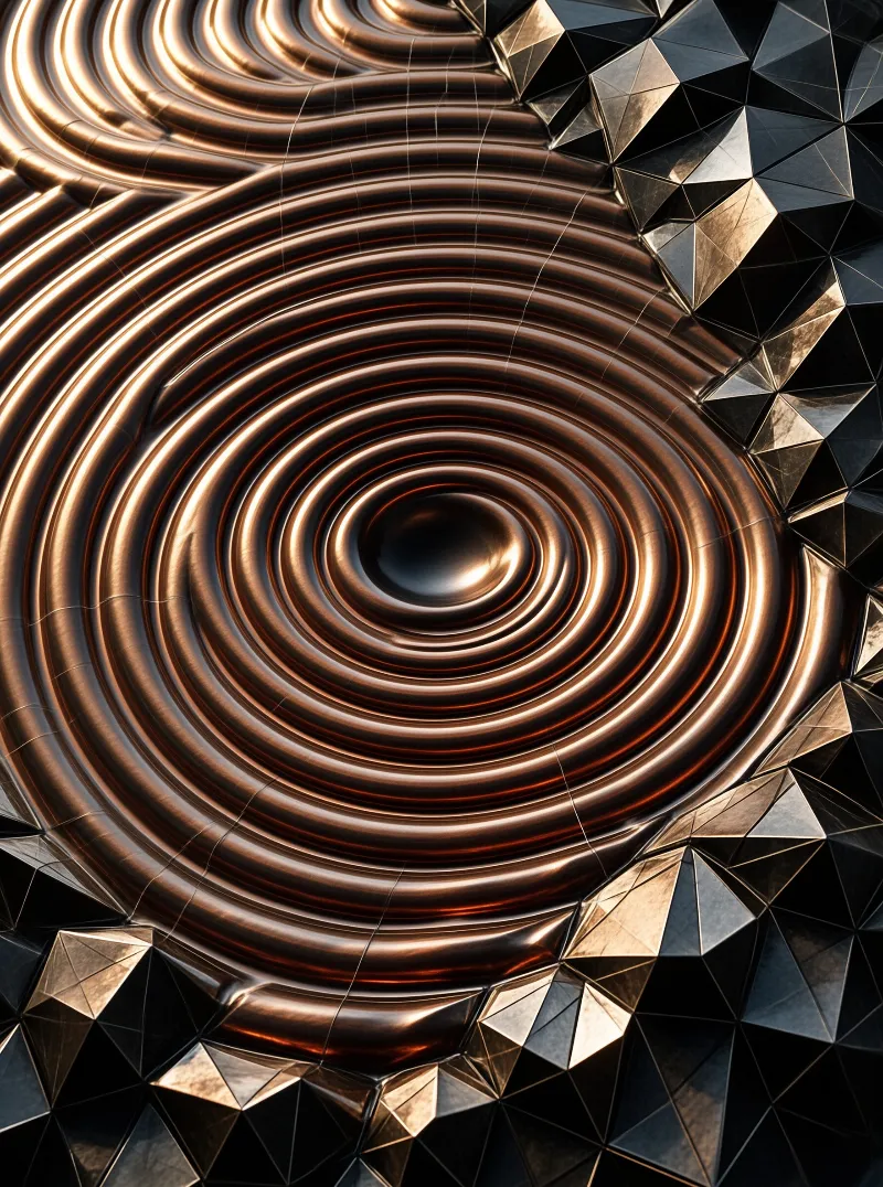 Warm light catches the grooves of a copper ripple surface edged by a faceted angular metal border