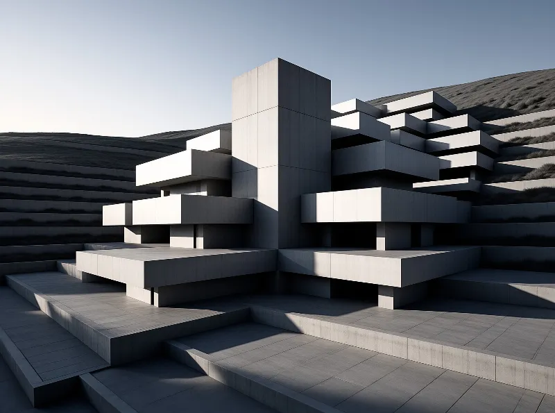 A massive angular concrete architecture rises from tiered earth terraces casting deep shadows across its geometric forms under bright sunlight
