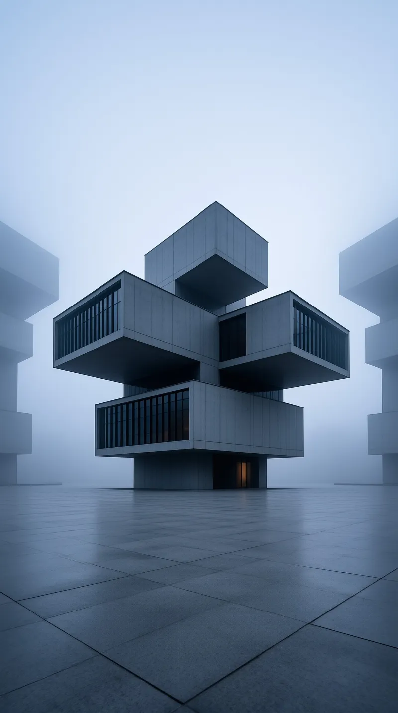 Cantilevered concrete boxes stack into a cross shaped tower above a tiled plaza wrapped in fog.