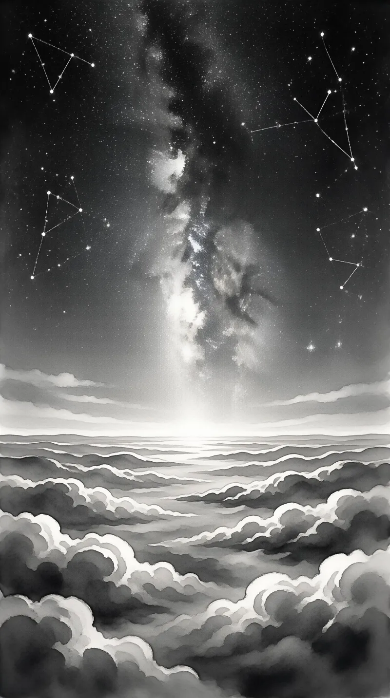 Black and white art showing a starry sky with constellations and the Milky Way above a sea of rolling clouds.