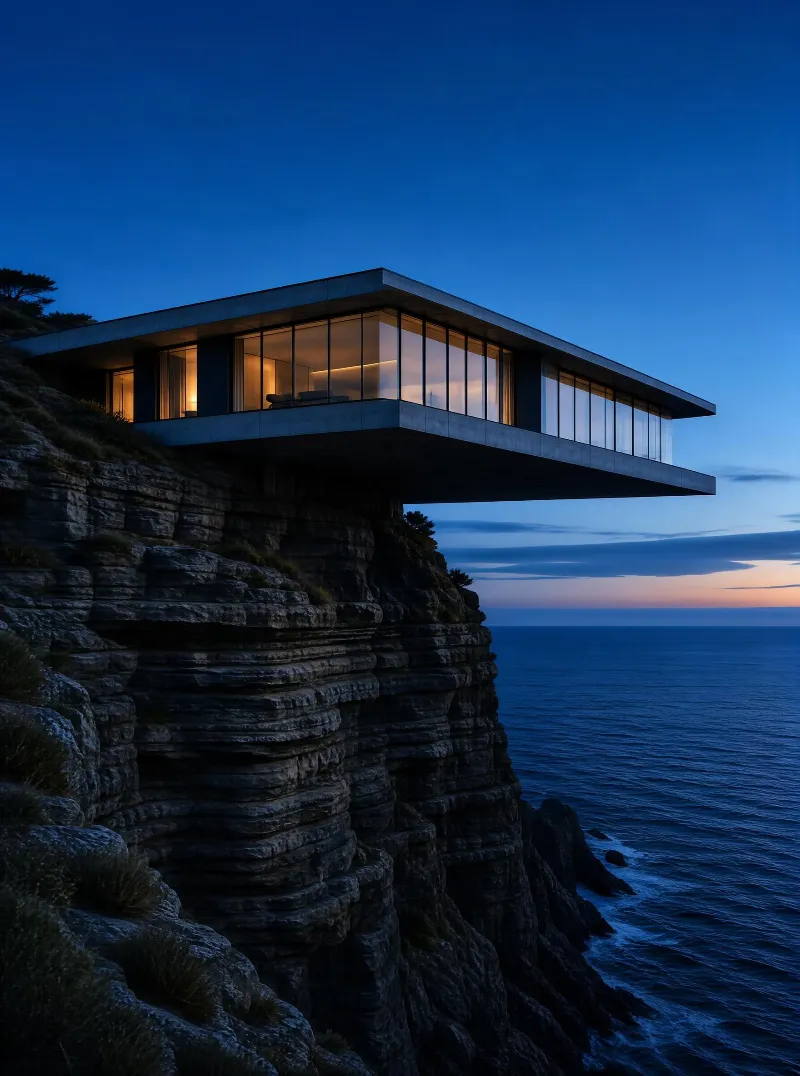 Cliffside Modern House at Dusk