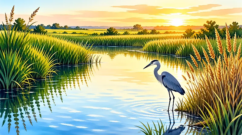 A grey heron wades through calm water surrounded by tall sunlit grasses under a warm orange sky.