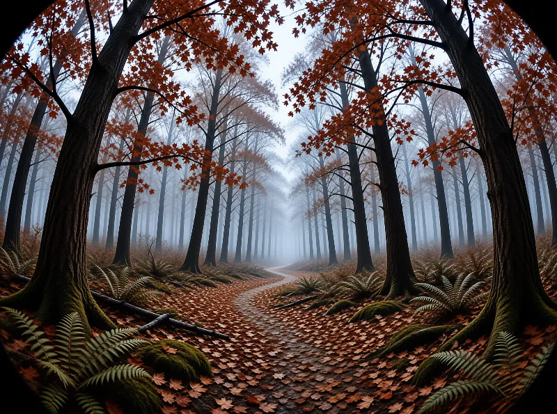 A winding path cuts through a misty forest with tall trees bearing bright orange autumn leaves and ferns near mossy trunks.