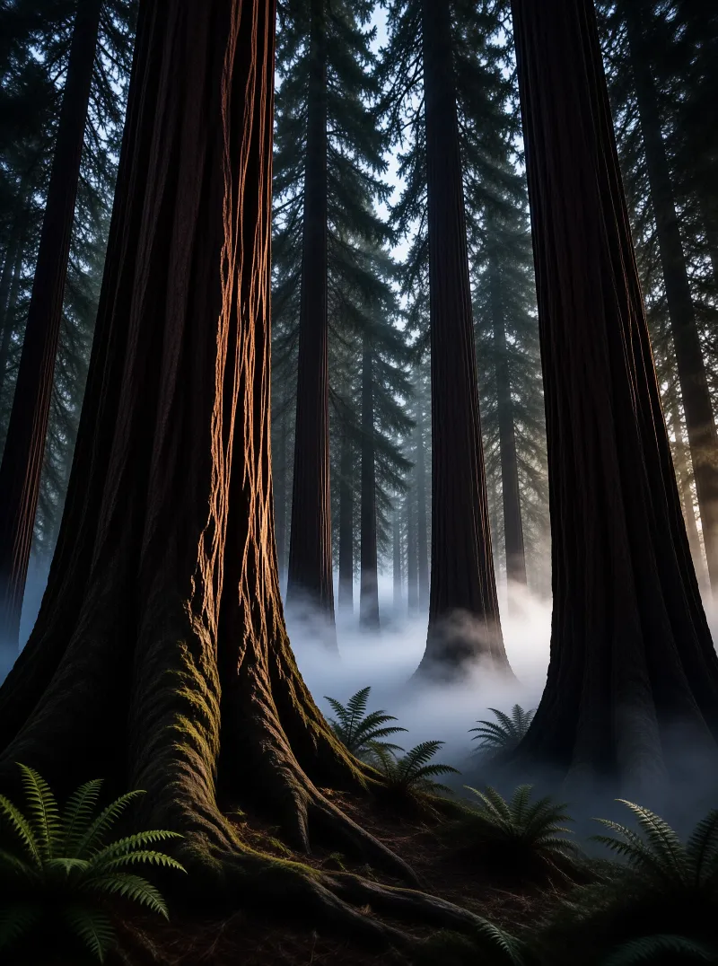 Tall tree trunks rise vertically from low fog while warm light illuminates the rough bark of the nearest tree.