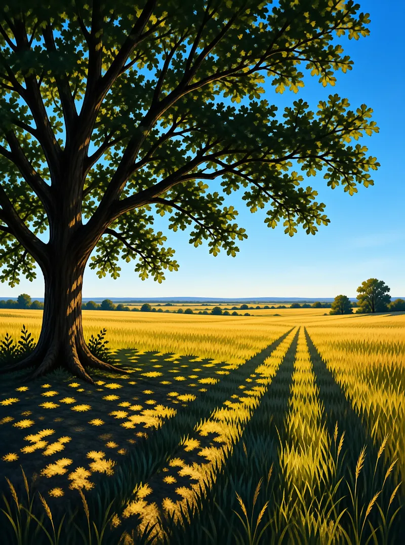 A massive oak tree stands on the left side of a sunlit wheat field with distinct tracks leading toward the distant horizon.