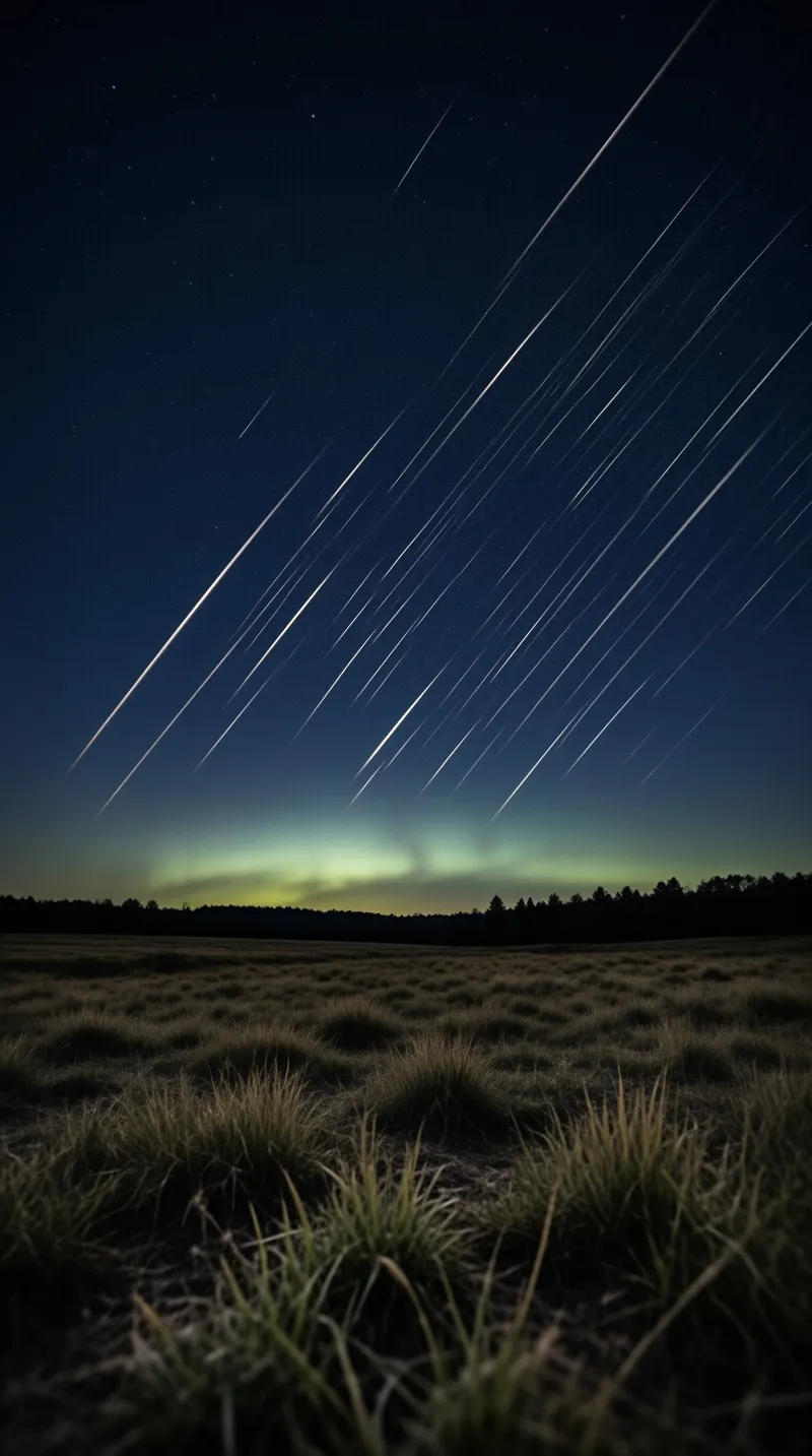 Shooting stars streak across a dark night sky above a grassy field and a forest line with a green glow.