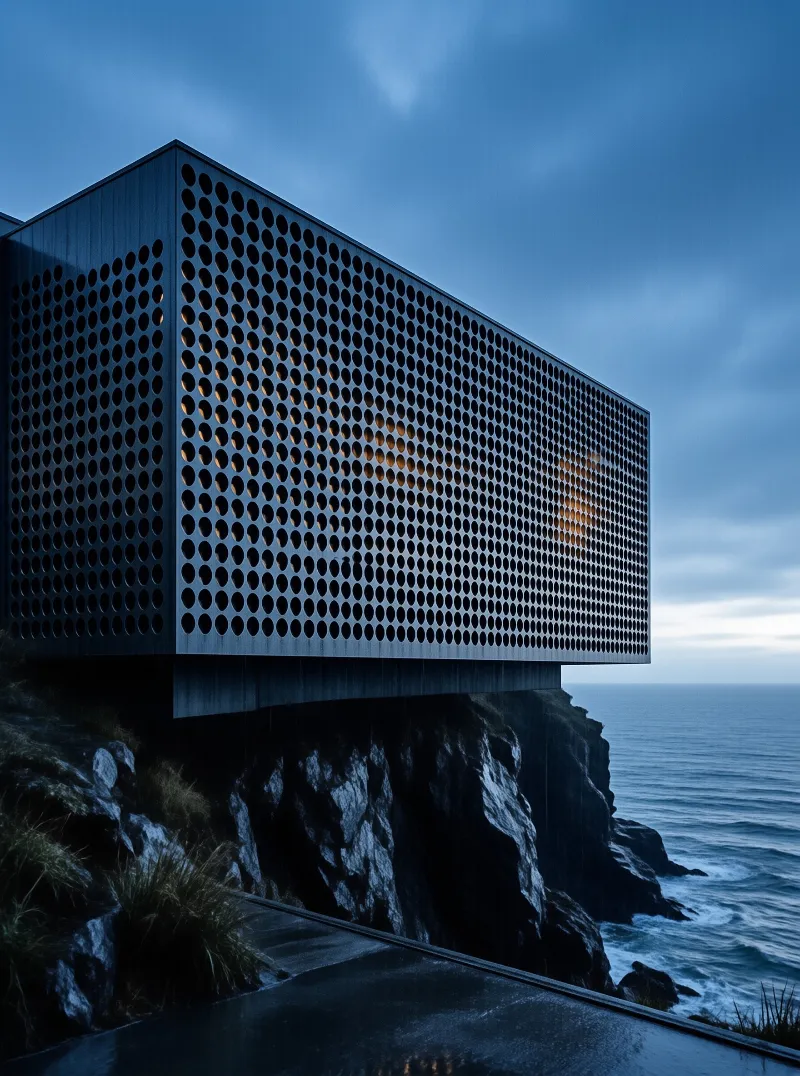 A dark rectangular building with a grid of circular holes stands over coastal rocks by a deep blue sea at twilight.