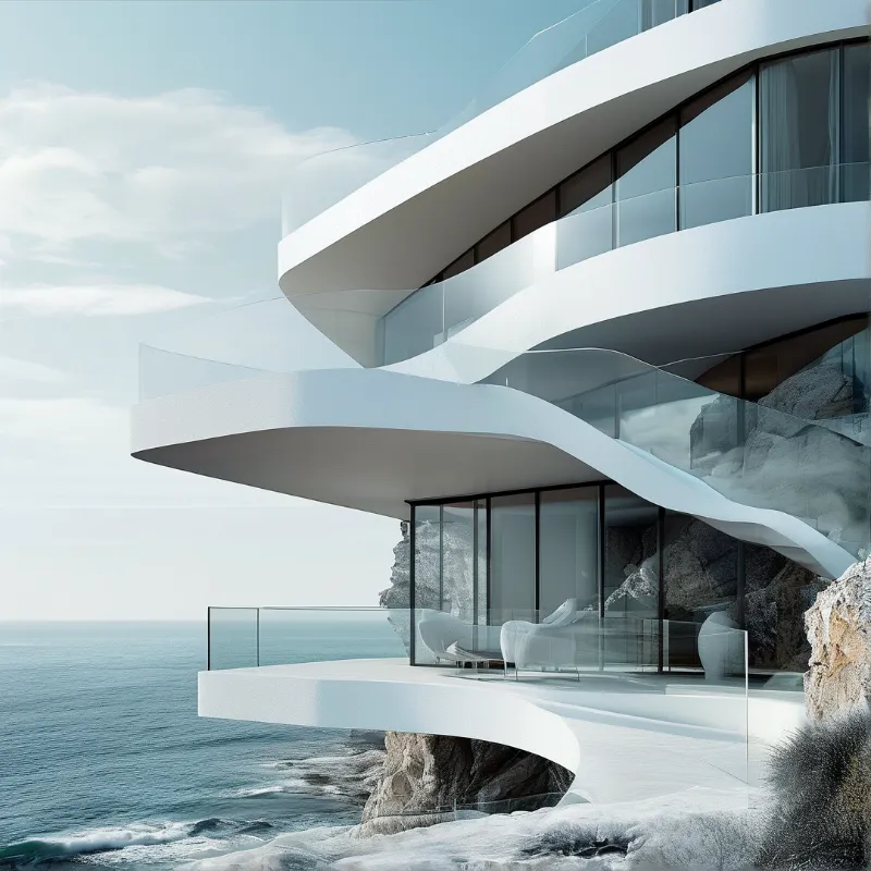 A sleek white residence featuring curved balconies rests on a rugged cliff edge above the blue sea and sky.