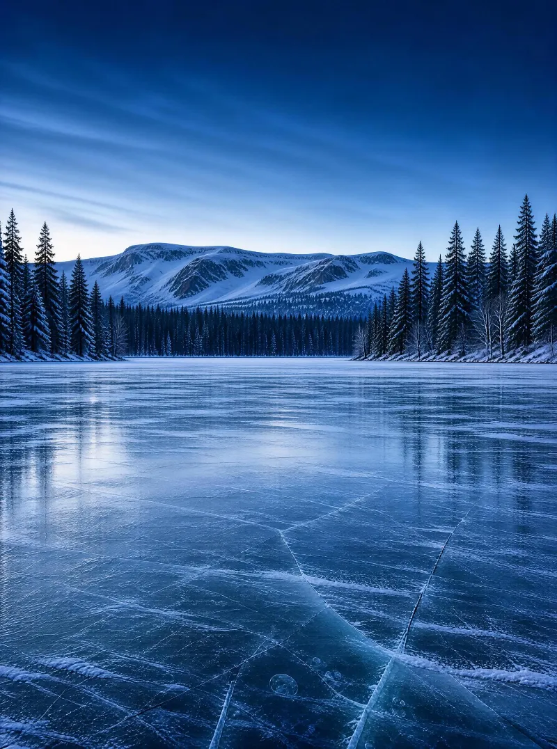 Frozen Lake and Snowy Mountains