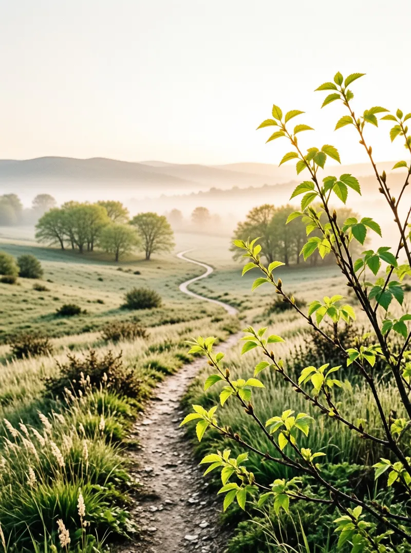 A winding trail curves through a green meadow towards misty hills while fresh leaves catch warm sunlight nearby.