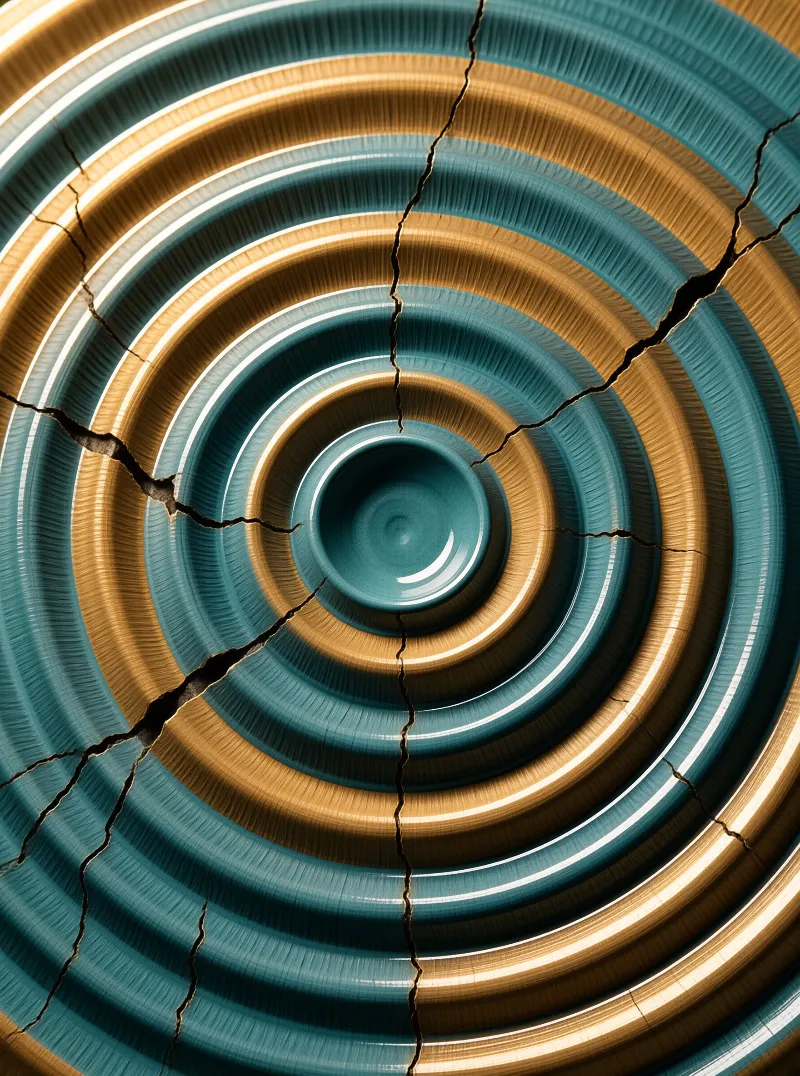 Alternating bands of glossy turquoise and brushed gold spiral inward like a ceramic bowl struck by cracks.