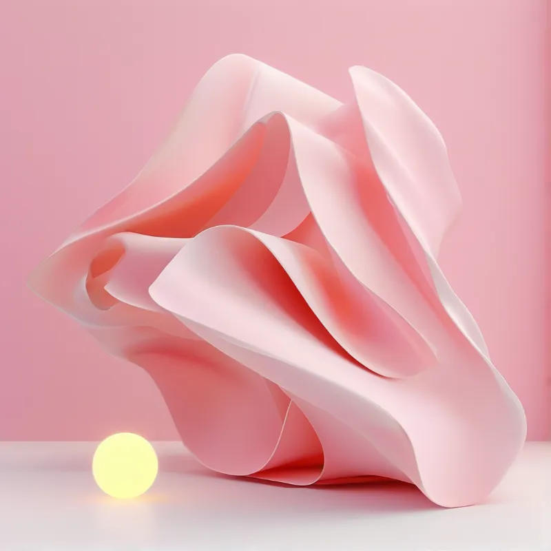 A flowing pale pink abstract form curves on a pale stage with a glowing yellow orb at its base.