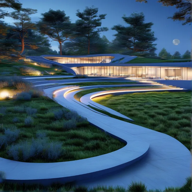 Tiered modern glass home with winding lit walkways sits on a grassy pine hillside at twilight under a full moon.