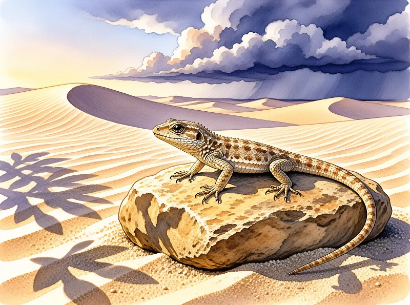 A spotted lizard rests on a weathered boulder above rolling dunes under stormy skies