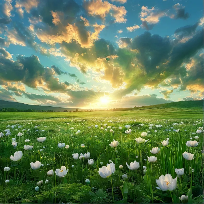 Sunset Meadow of White Flowers