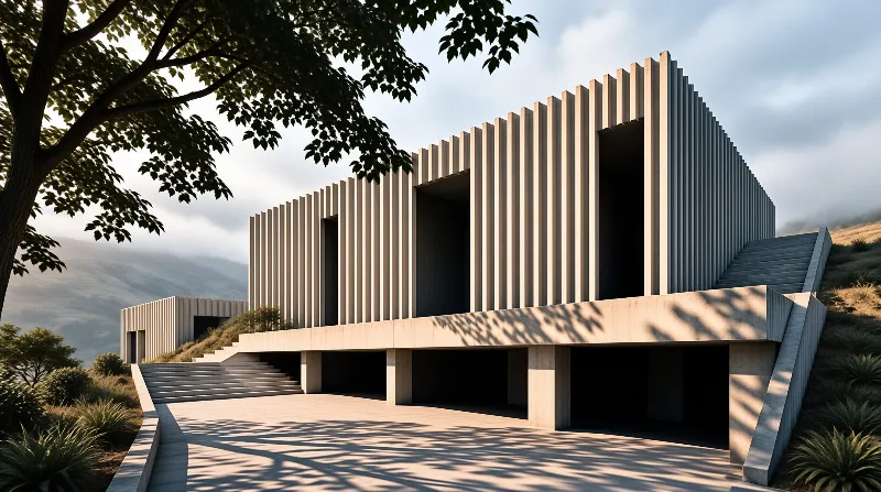 Contemporary concrete pavilion on misty hillside, vertical slat facade casts leaf shadows on sunlit stone terrace.