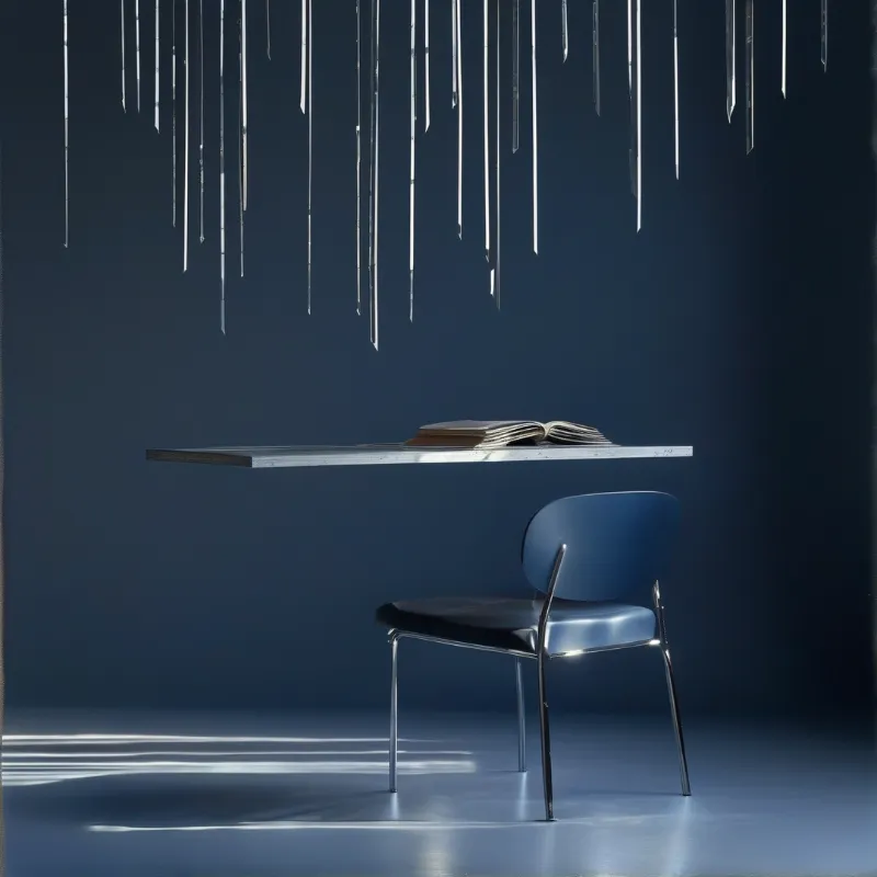 A bare desk and blue chair sit under dripping ribbons of light in a deep midnight blue room