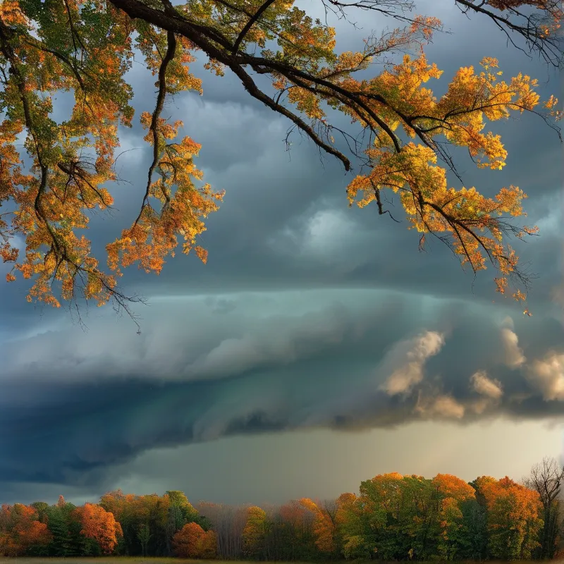Storm clouds loom over autumn forest while orange branches frame the upper left