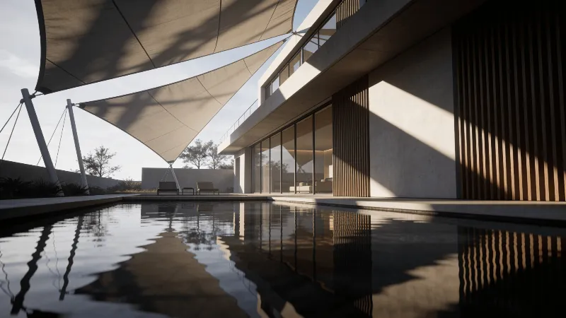 Villa with Tensile Structure — Reflecting Pool